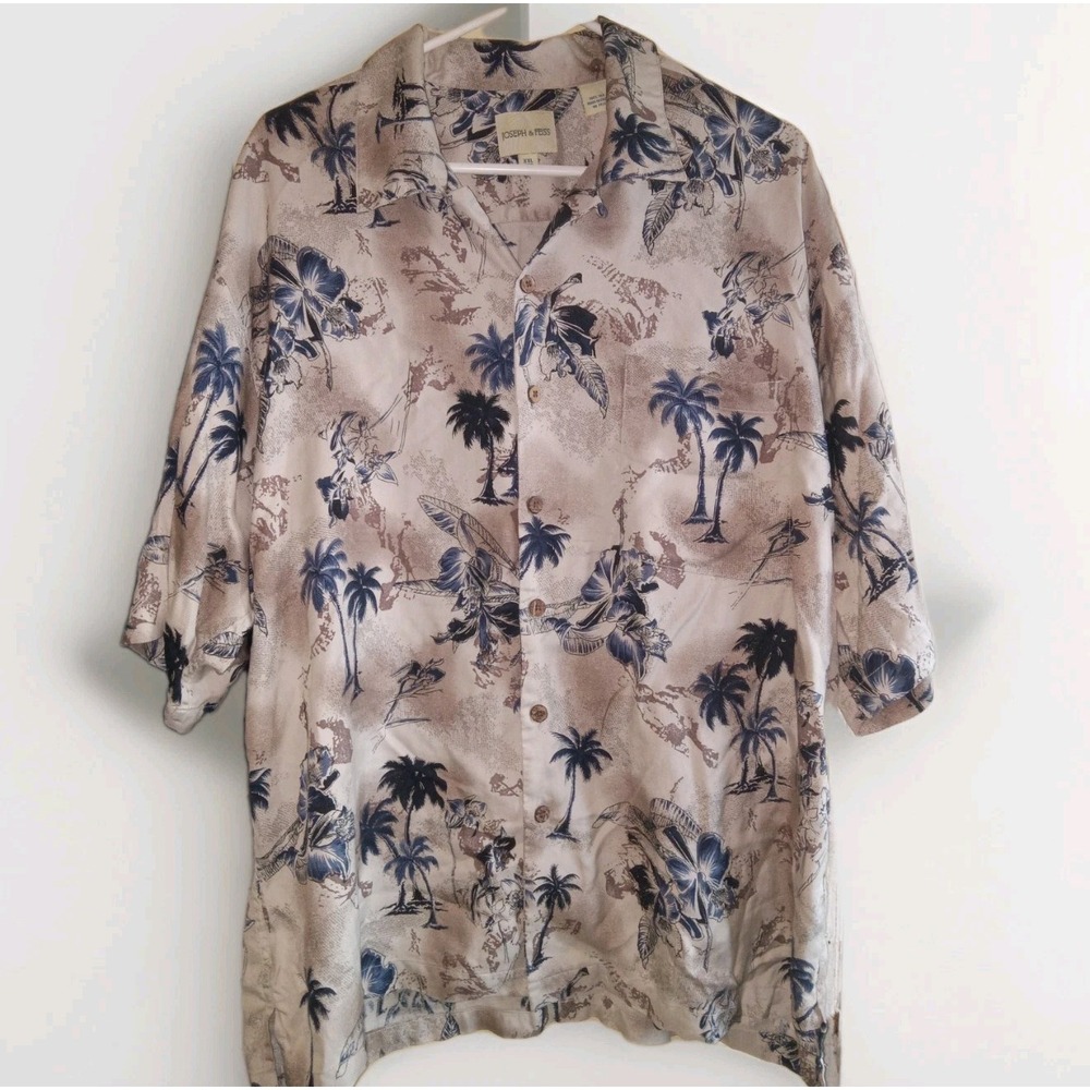 Joseph & Feiss Men's XXL Silk Tan Navy Palm Button Up Hawaiian Shirt Camp Resort